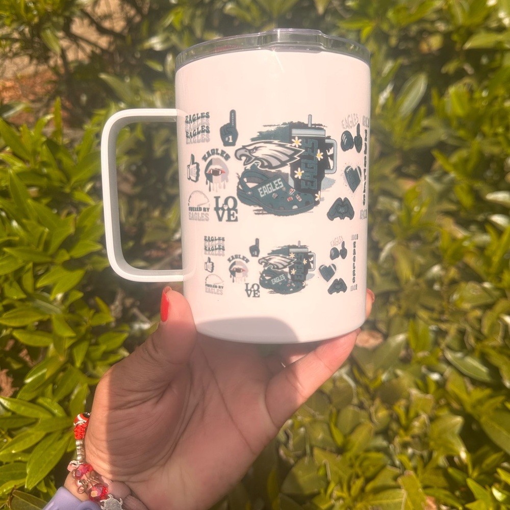 White Travel Mug with Eagles Design